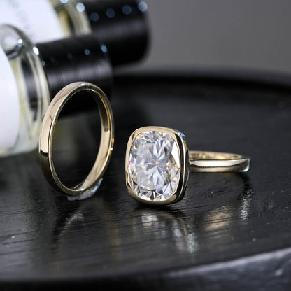 Solid Gold Bezel Elongated Cushion Cut Moissanite Engagement Ring Set, Wedding Ring Set, Bridal Set
