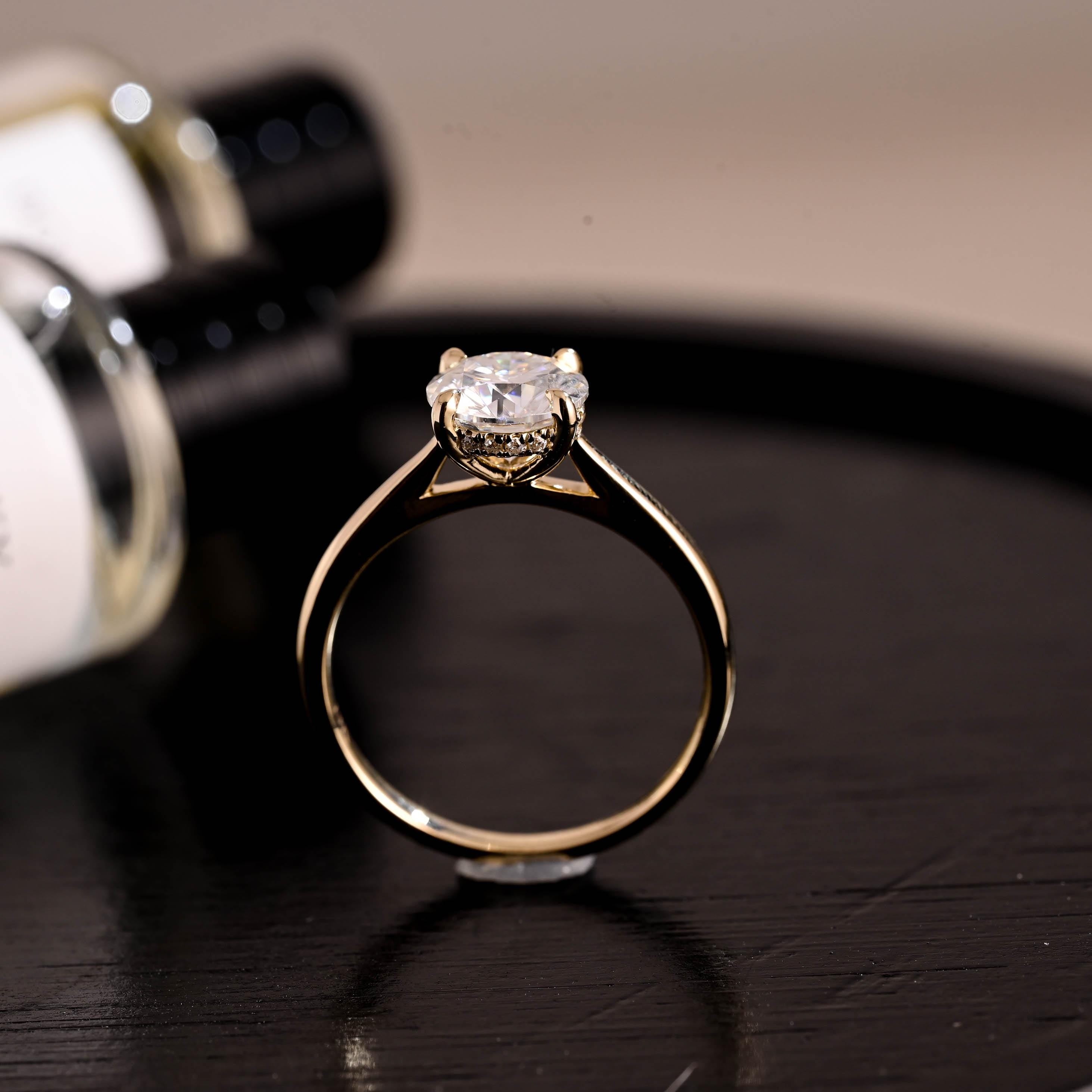 Hidden HaloCathedral Setting Round Cut Moissanite Engagement Ring, Solid Gold Classic 4 Prongs Anniversary Ring
