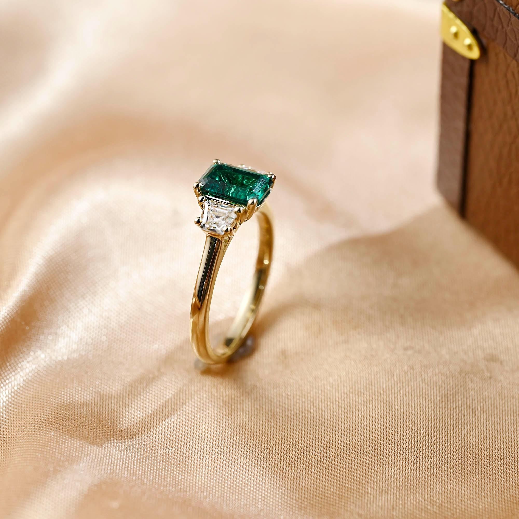Lab Grown Emerald Engagement Ring, Three Trapezoid Moissanite Wedding Ring, Anniversary Emerald Gemstone Ring, Moissanite Gift, Emerald Ring
