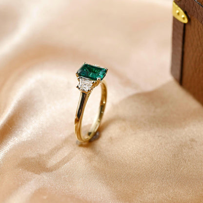 Lab Grown Emerald Engagement Ring, Three Trapezoid Moissanite Wedding Ring, Anniversary Emerald Gemstone Ring, Moissanite Gift, Emerald Ring