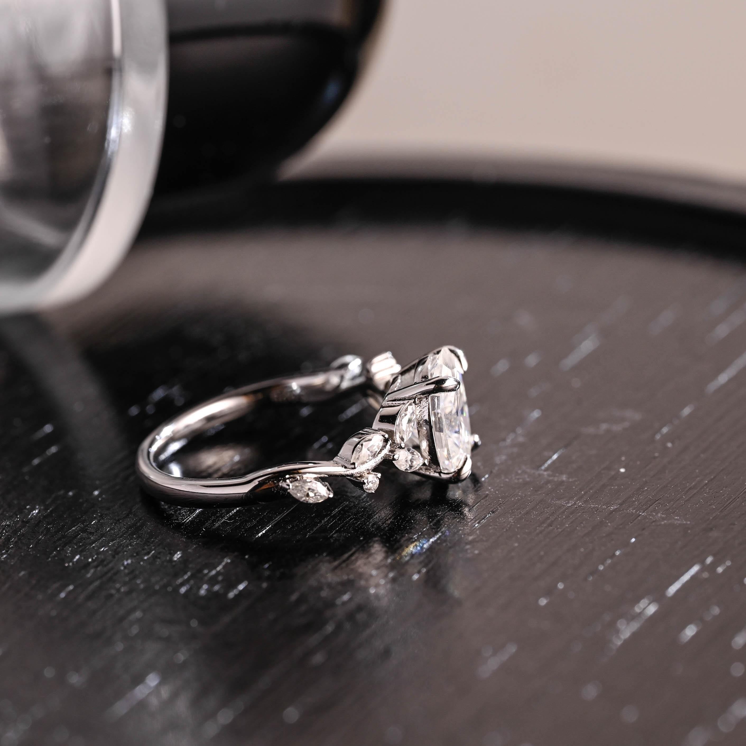 Solid Gold Low Setting Oval Cut Moissanite Engagement Ring, Side Cluster Wedding Ring