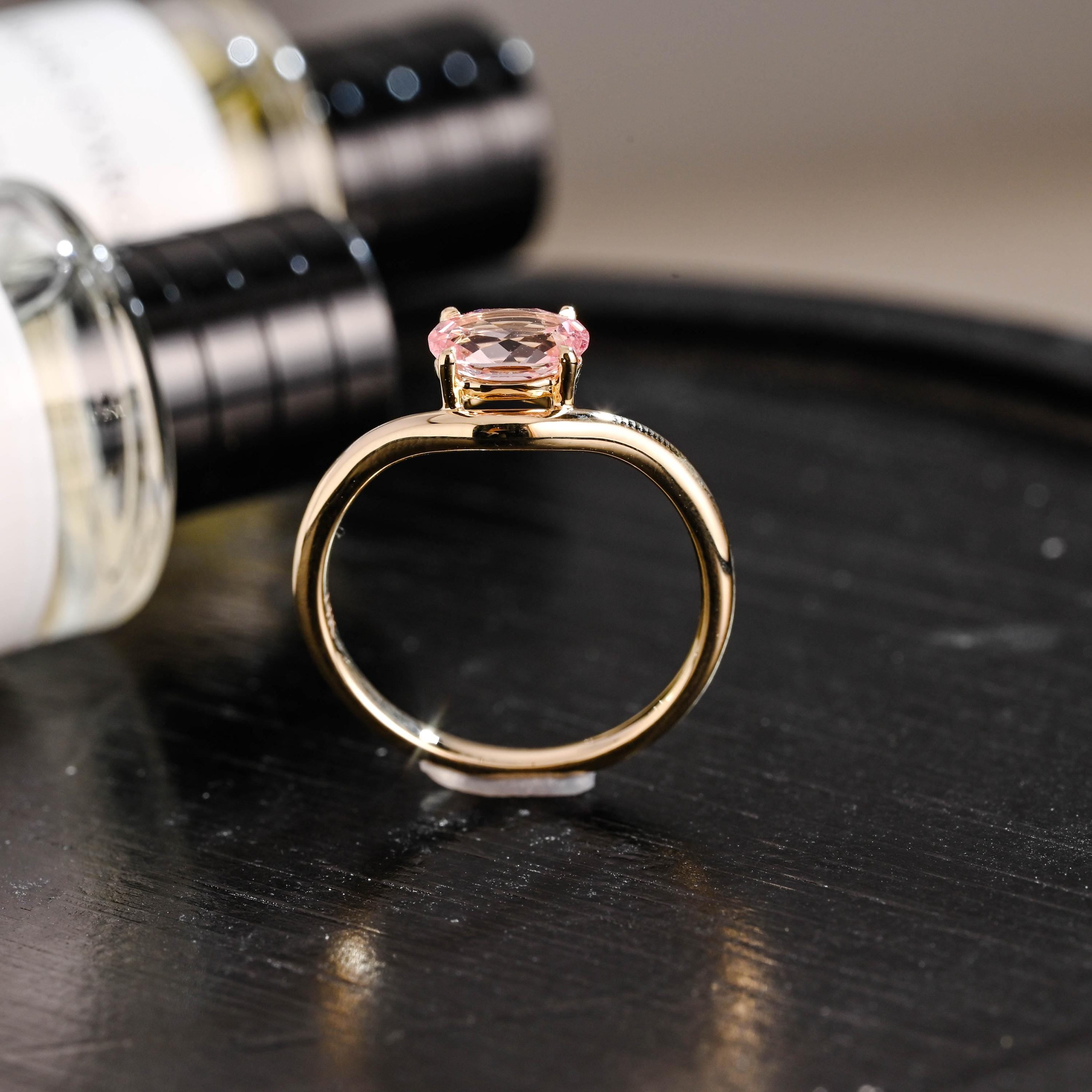 Solid Gold Oval Cut Solitaire Lab Grown Pink Sapphire Engagement Ring, Gift for Women