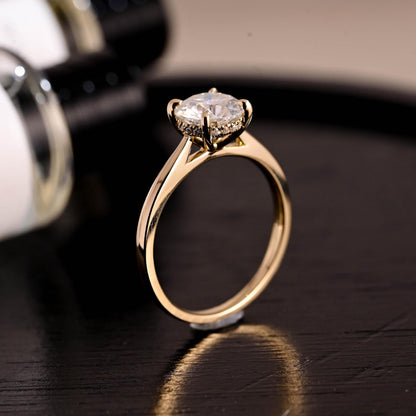 Hidden HaloCathedral Setting Round Cut Moissanite Engagement Ring, Solid Gold Classic 4 Prongs Anniversary Ring