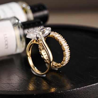 Beaded Marquise Moissanite Engagement Ring Set, Solid Gold Bridal Set, Emerald Cut Wedding Ring