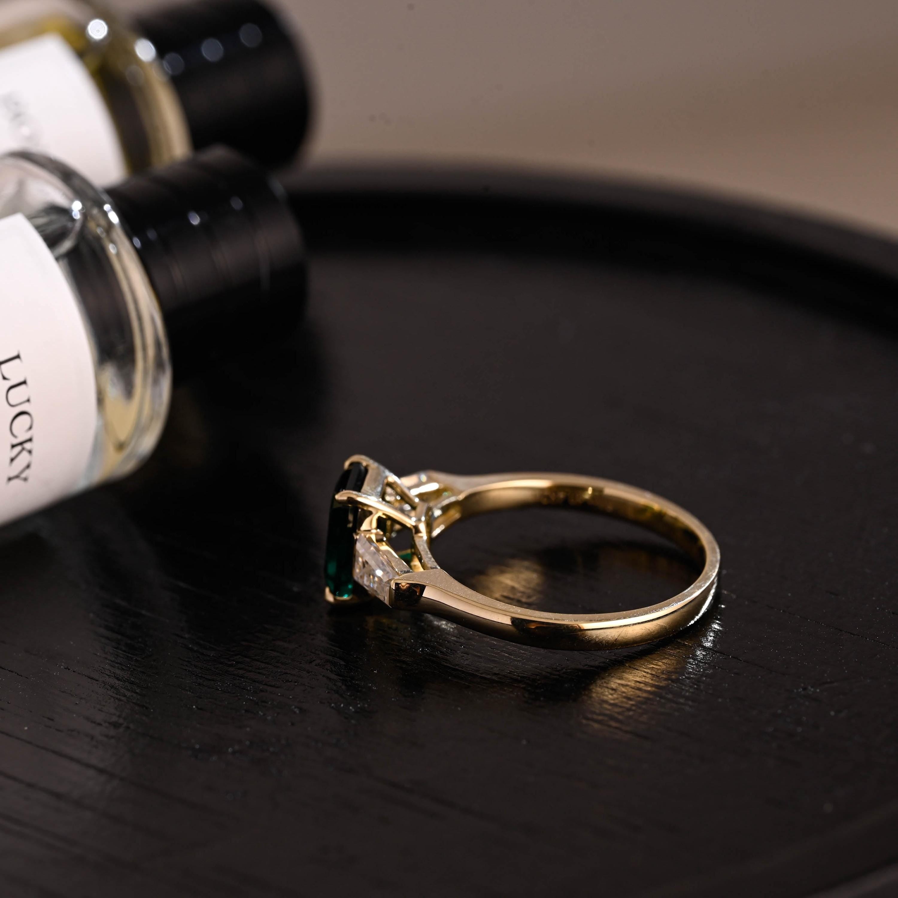 Lab Grown Emerald Engagement Ring, Three Trapezoid Moissanite Wedding Ring, Anniversary Emerald Gemstone Ring, Moissanite Ring, Emerald Ring