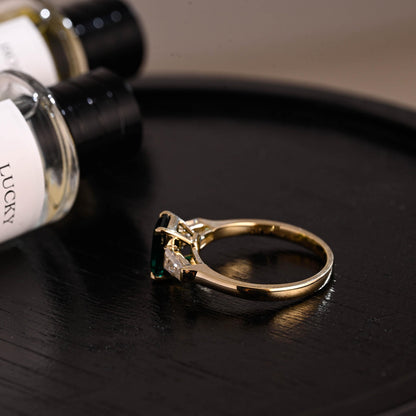 Lab Grown Emerald Engagement Ring, Three Trapezoid Moissanite Wedding Ring, Anniversary Emerald Gemstone Ring, Moissanite Ring, Emerald Ring