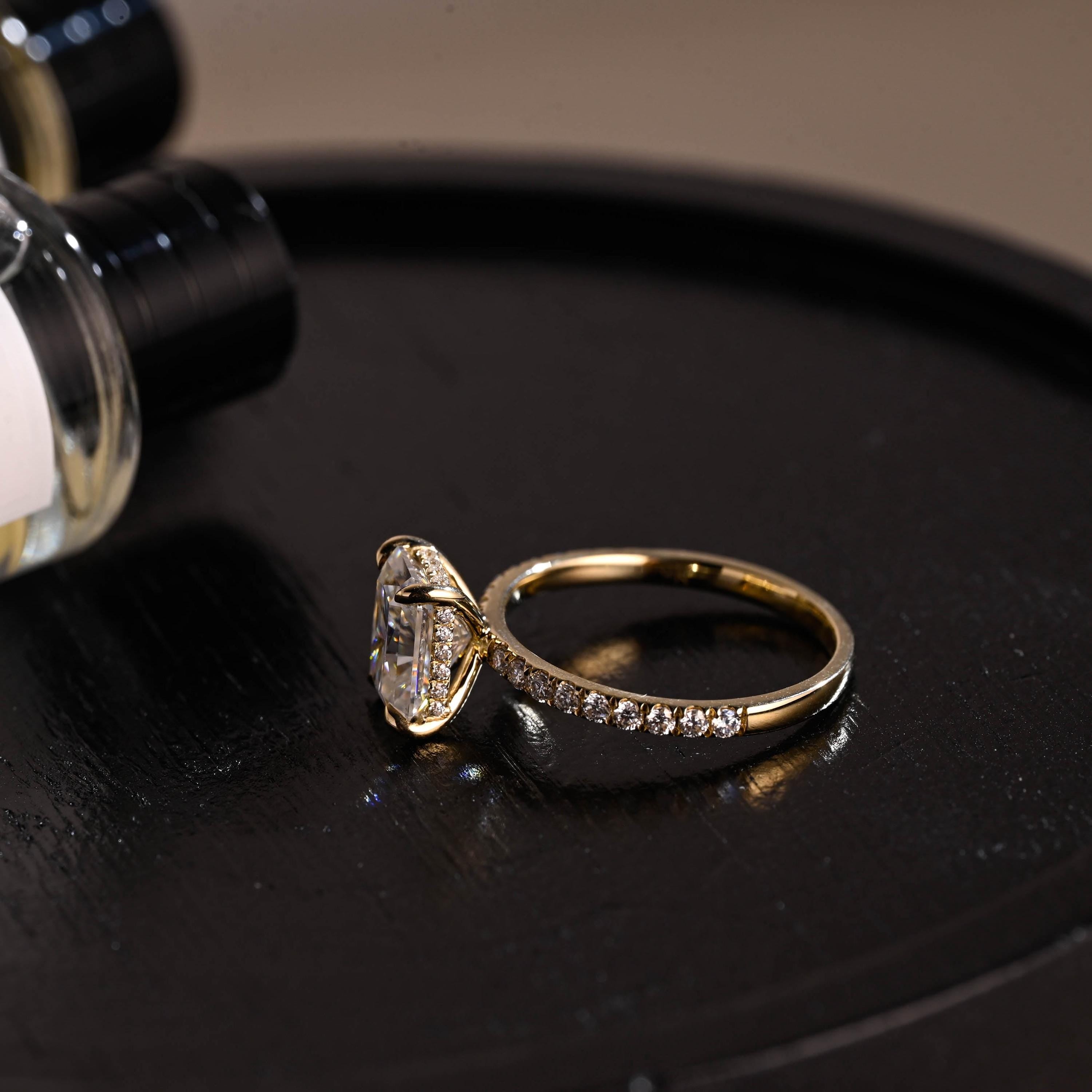Solid Gold Half Pave Hidden Halo Radiant Cut Moissanite Engagement Ring