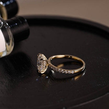 Solid Gold Half Pave Hidden Halo Radiant Cut Moissanite Engagement Ring