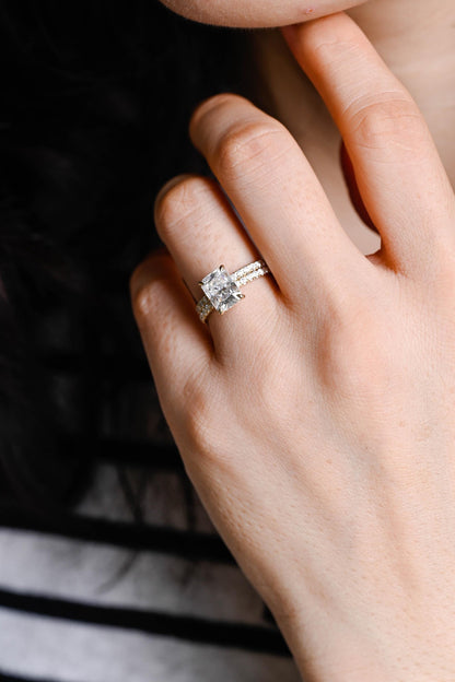Solid Gold Half Pave Hidden Halo Radiant Cut Moissanite Engagement Ring