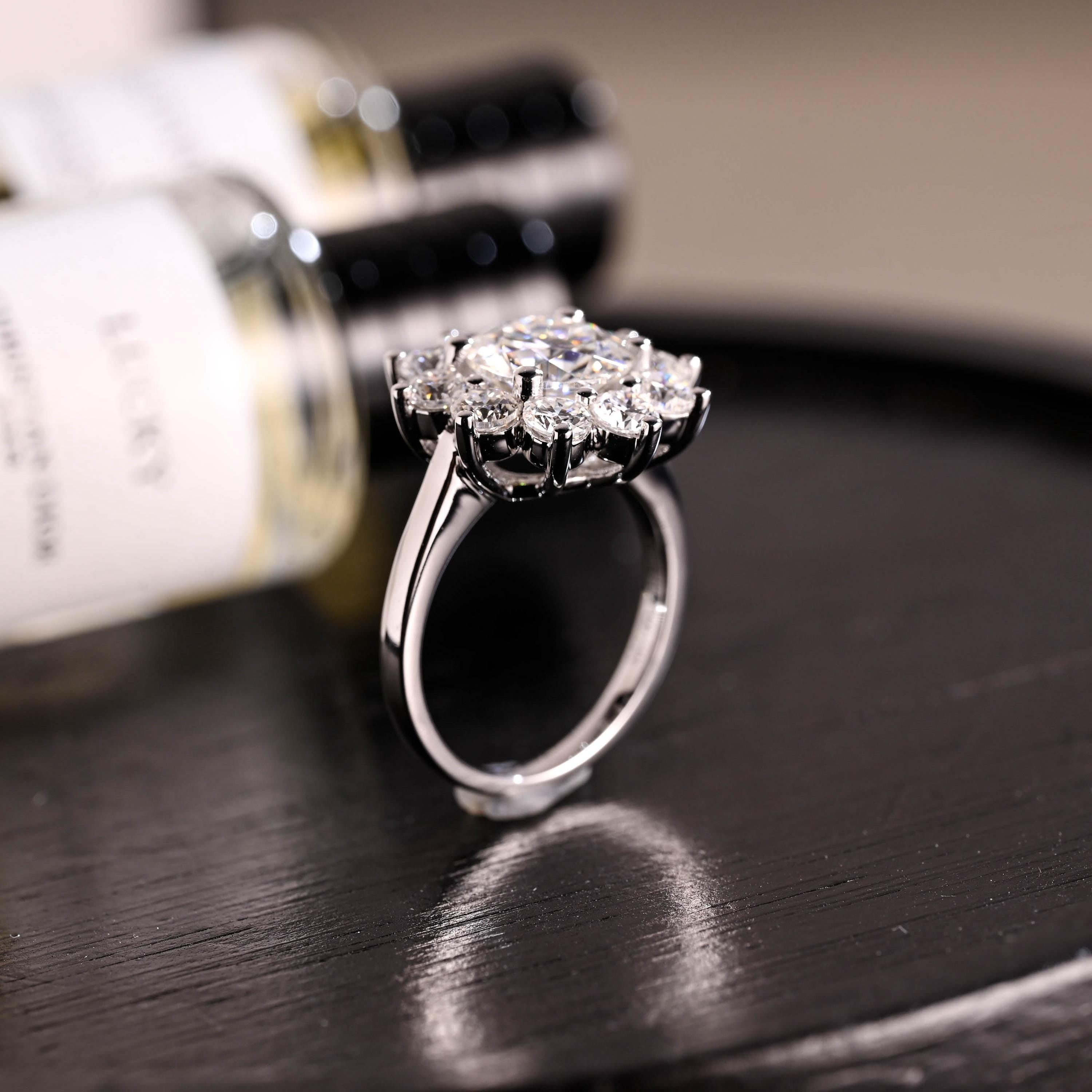 Solid Gold Low Profile Sunflower Cluster Round Cut Moissanite Engagement Ring
