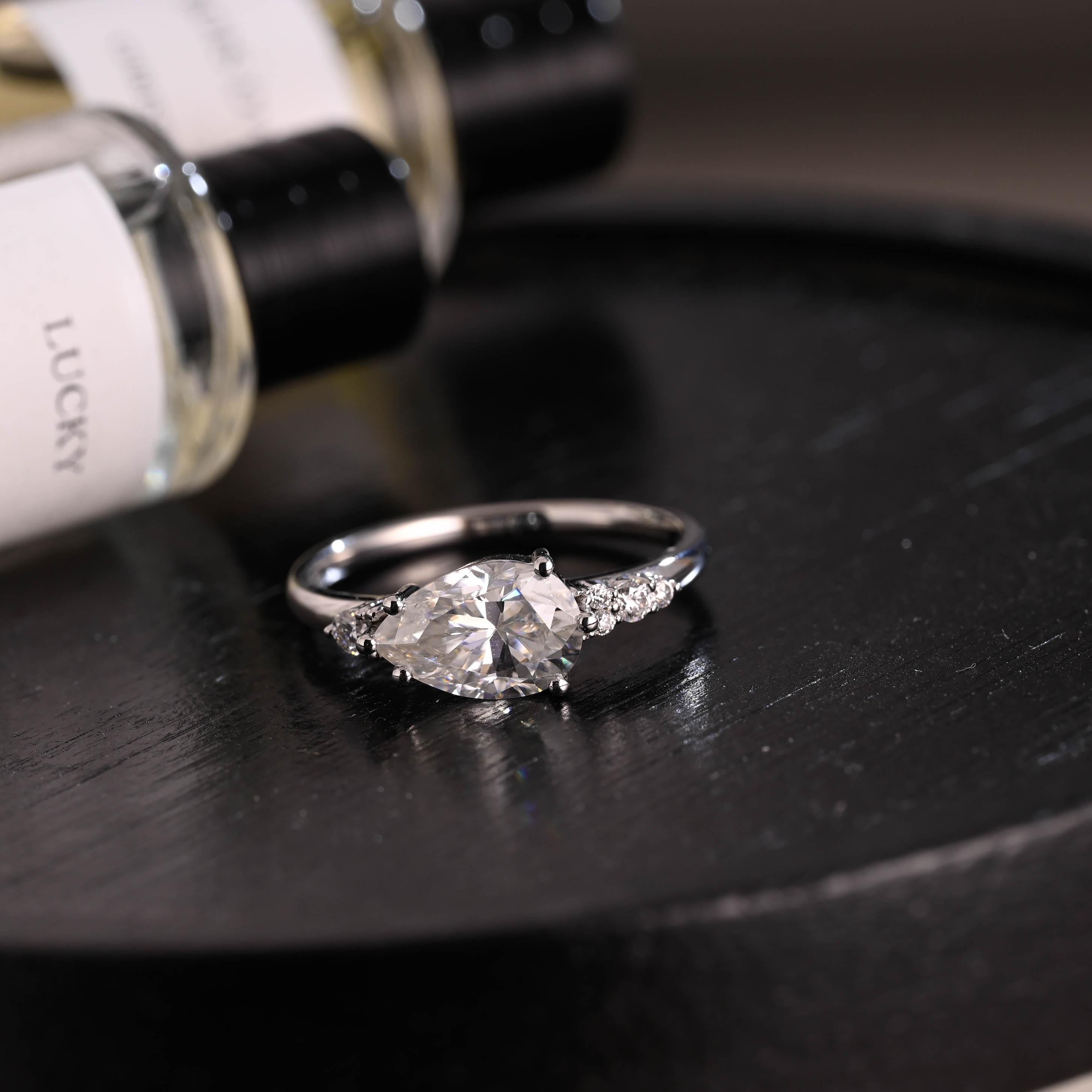 Horizontal Set Main Stone Solid Gold Pear Cut Moissanite Engagement Ring, Wedding Ring
