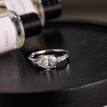 Horizontal Set Main Stone Solid Gold Pear Cut Moissanite Engagement Ring, Wedding Ring