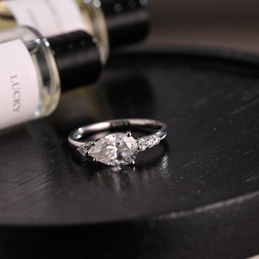 Horizontal Set Main Stone Solid Gold Pear Cut Moissanite Engagement Ring, Wedding Ring