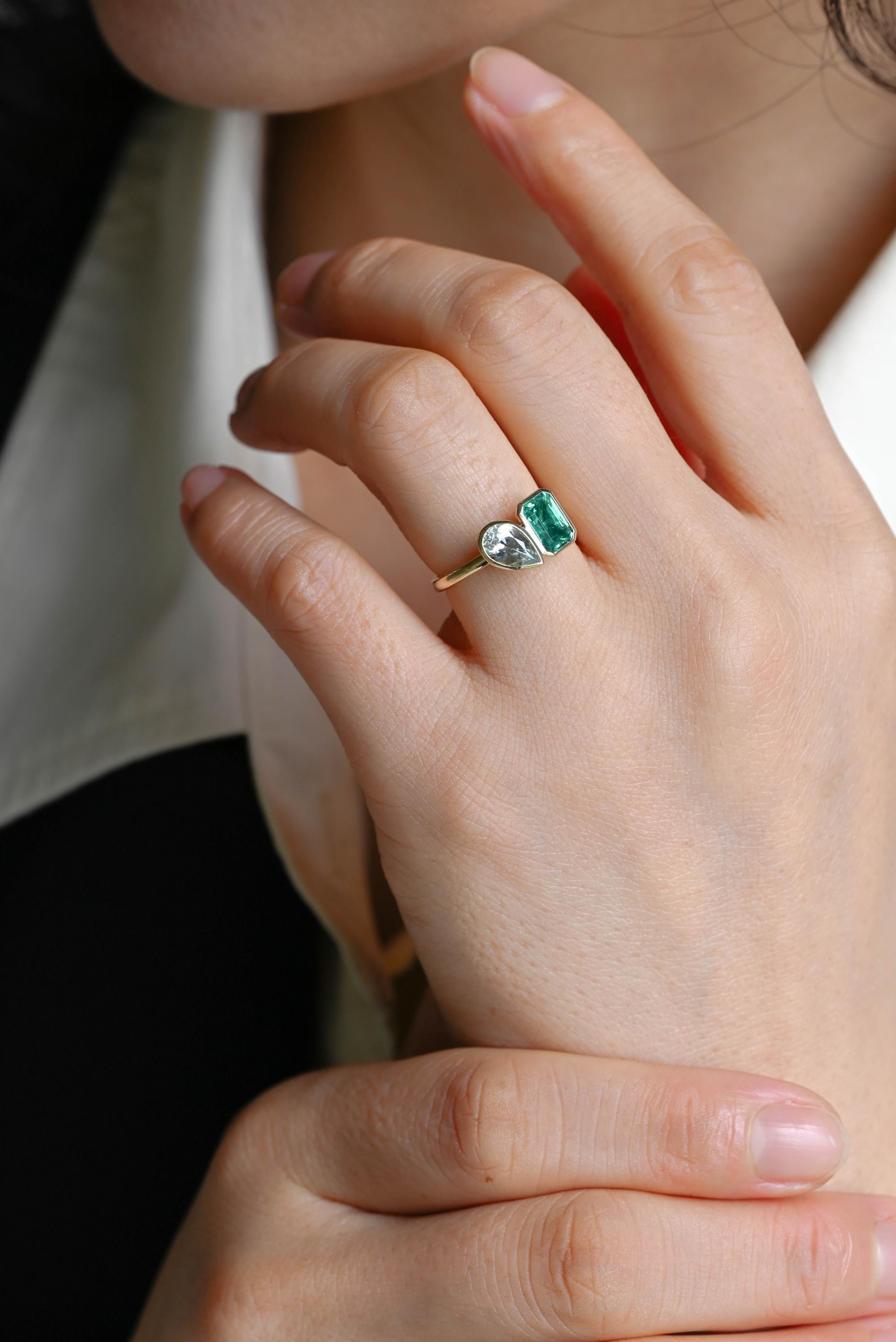 Solid Gold Toi et Moi Lab Grown Emerald & Pear Santa Maria Color Sapphire Engagement Ring