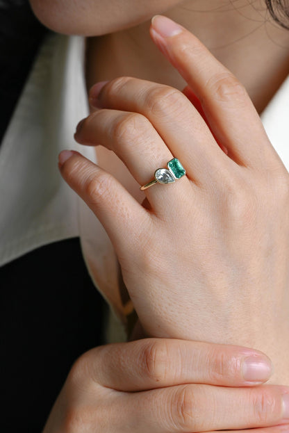 Solid Gold Toi et Moi Lab Grown Emerald & Pear Santa Maria Color Sapphire Engagement Ring