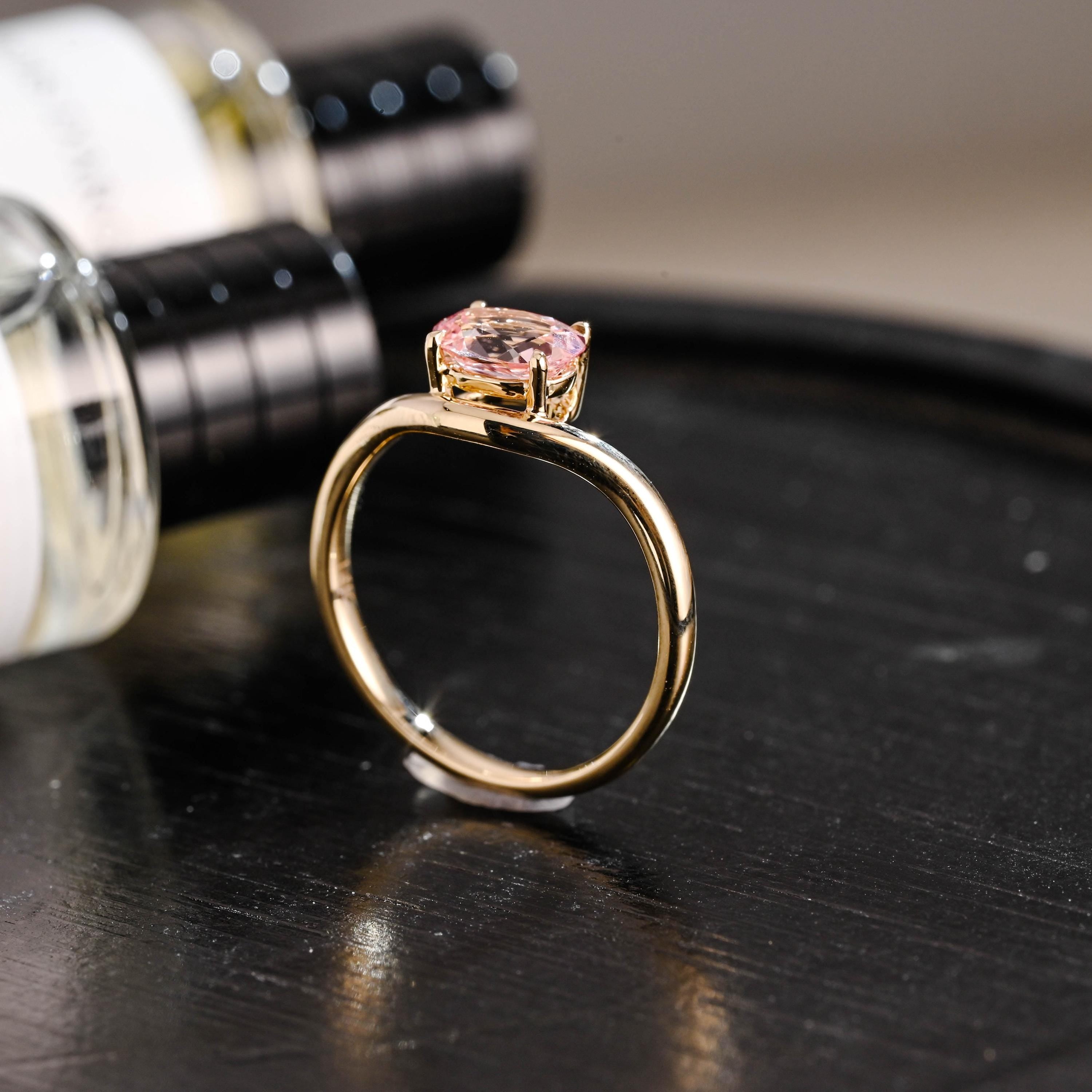 Solid Gold Oval Cut Solitaire Lab Grown Pink Sapphire Engagement Ring, Gift for Women