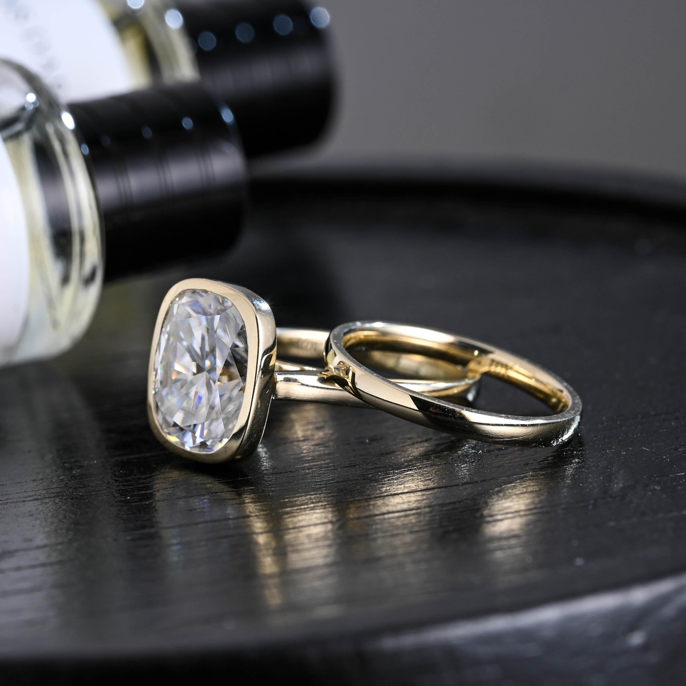 Solid Gold Bezel Elongated Cushion Cut Moissanite Engagement Ring Set, Wedding Ring Set, Bridal Set