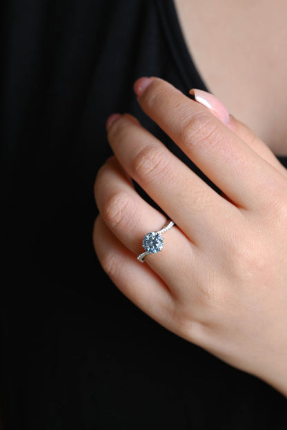 Solid Gold Round Cut Blue Moissanite Engagement Ring, Pave Band Wedding Ring, Birthday Gift for Women