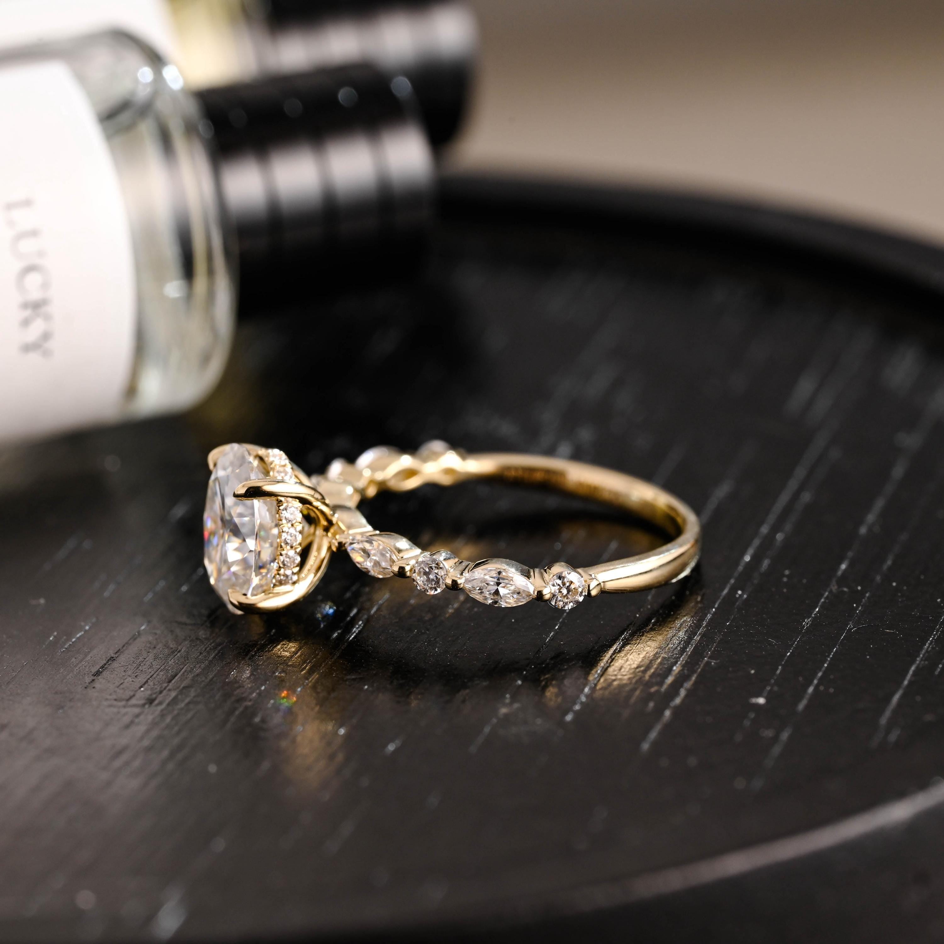 Solid Gold Oval Cut Moissanite Engagement Ring, Anniversary Gift Birthday Gift for Women