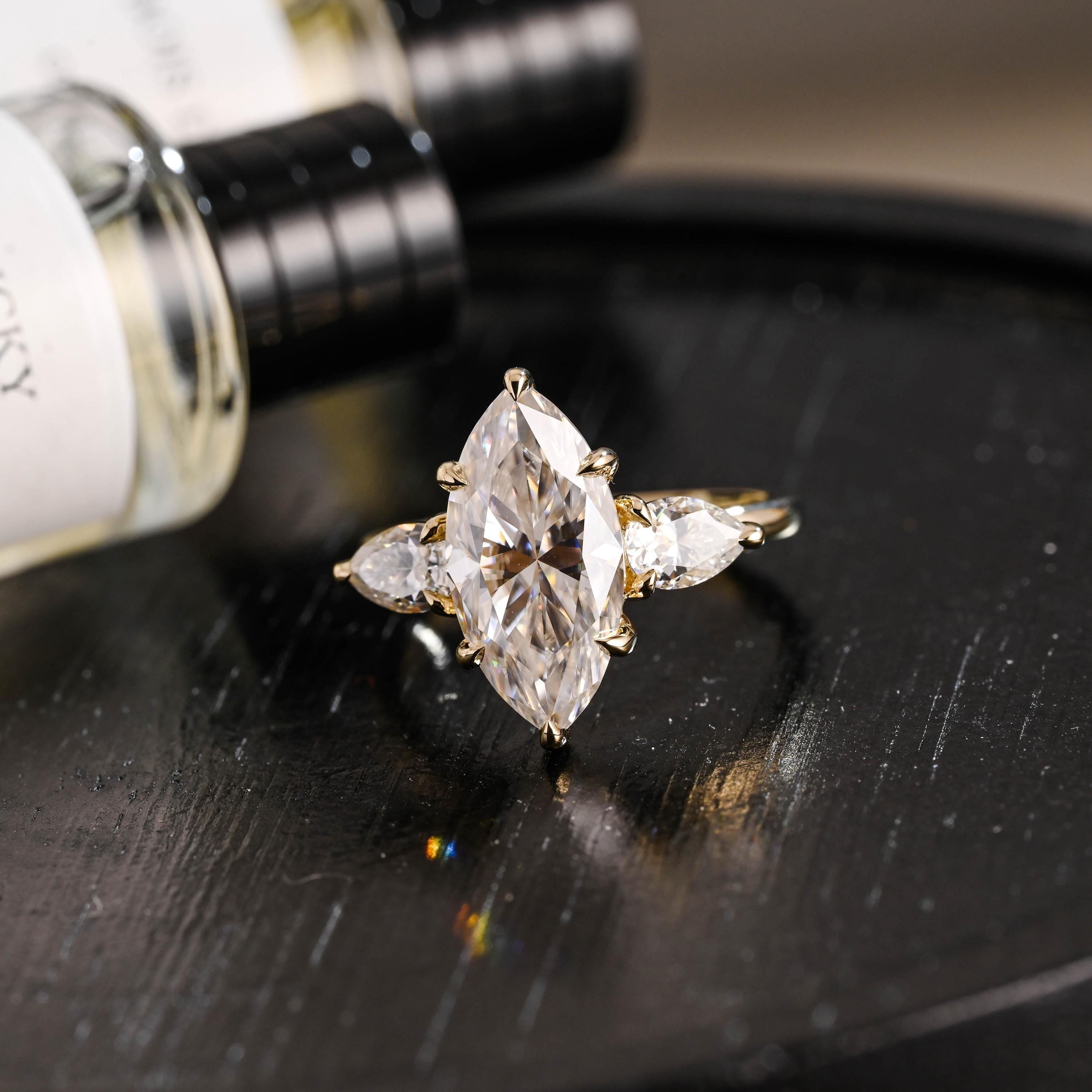 Solid Gold Marquise Moissanite Three Stone Engagement Ring, Pear Cut Accent Promise Ring