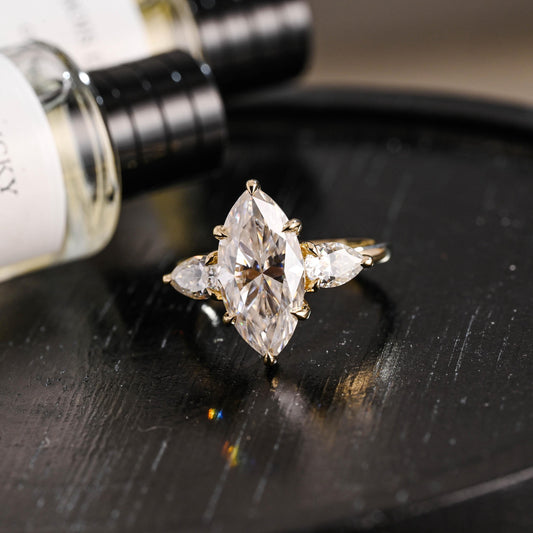 Solid Gold Marquise Moissanite Three Stone Engagement Ring, Pear Cut Accent Promise Ring