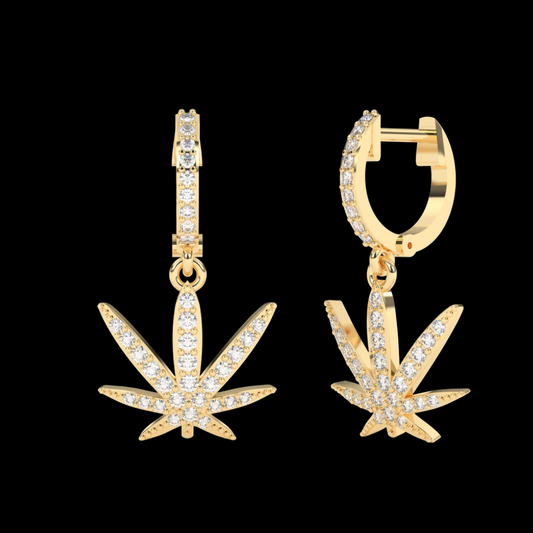 Moissanite VVS Diamond Cannabis Leaf Hoop Earrings with Crystal Accents
