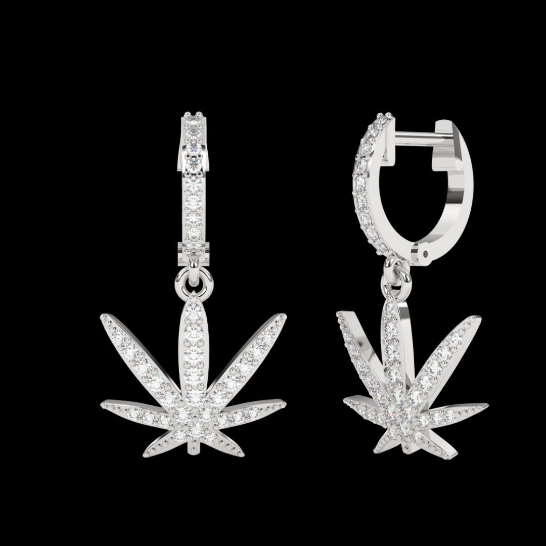 Moissanite VVS Diamond Cannabis Leaf Hoop Earrings with Crystal Accents
