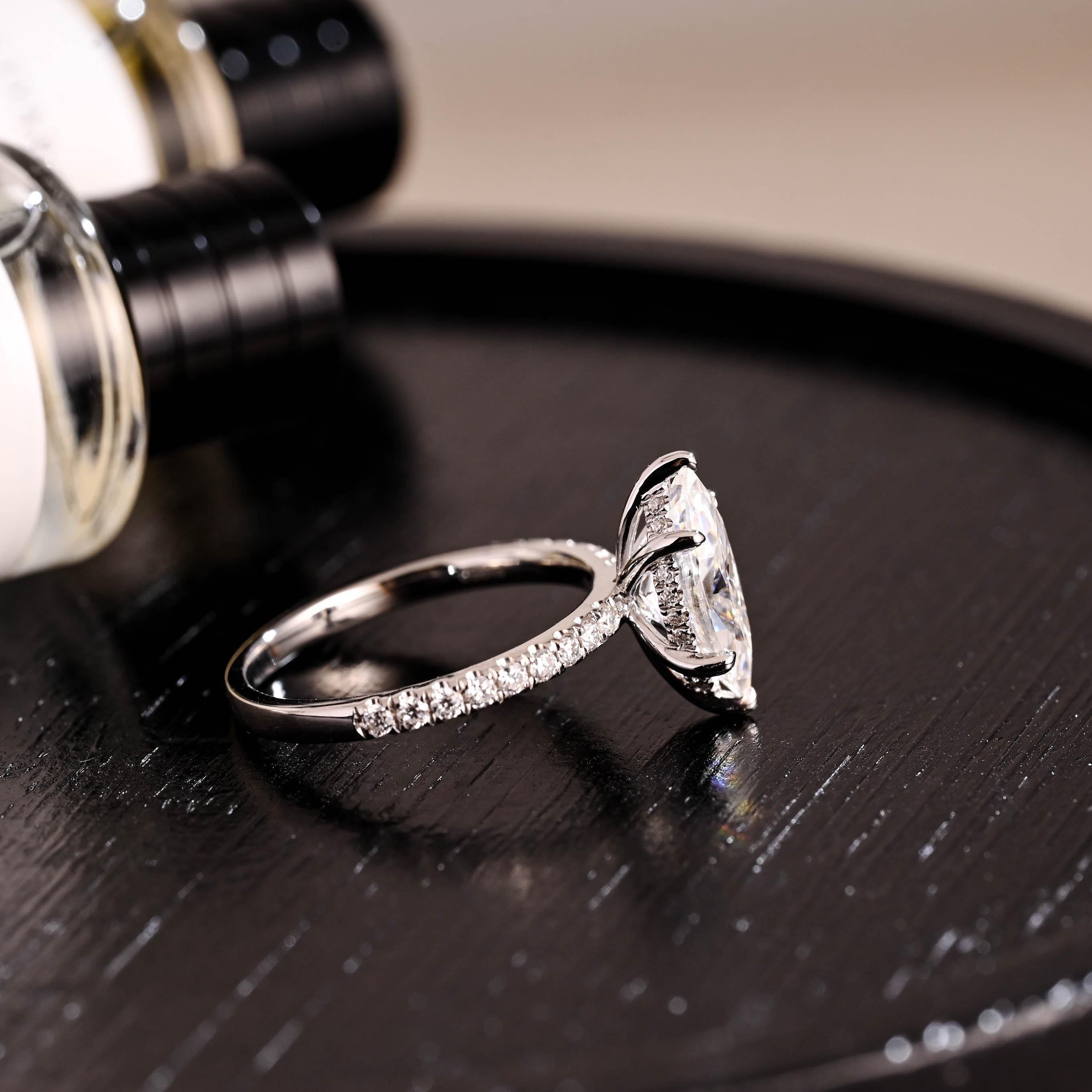Solid Gold Hidden Halo Marquise Moissanite Engagement Ring, Half Pave Band Ring