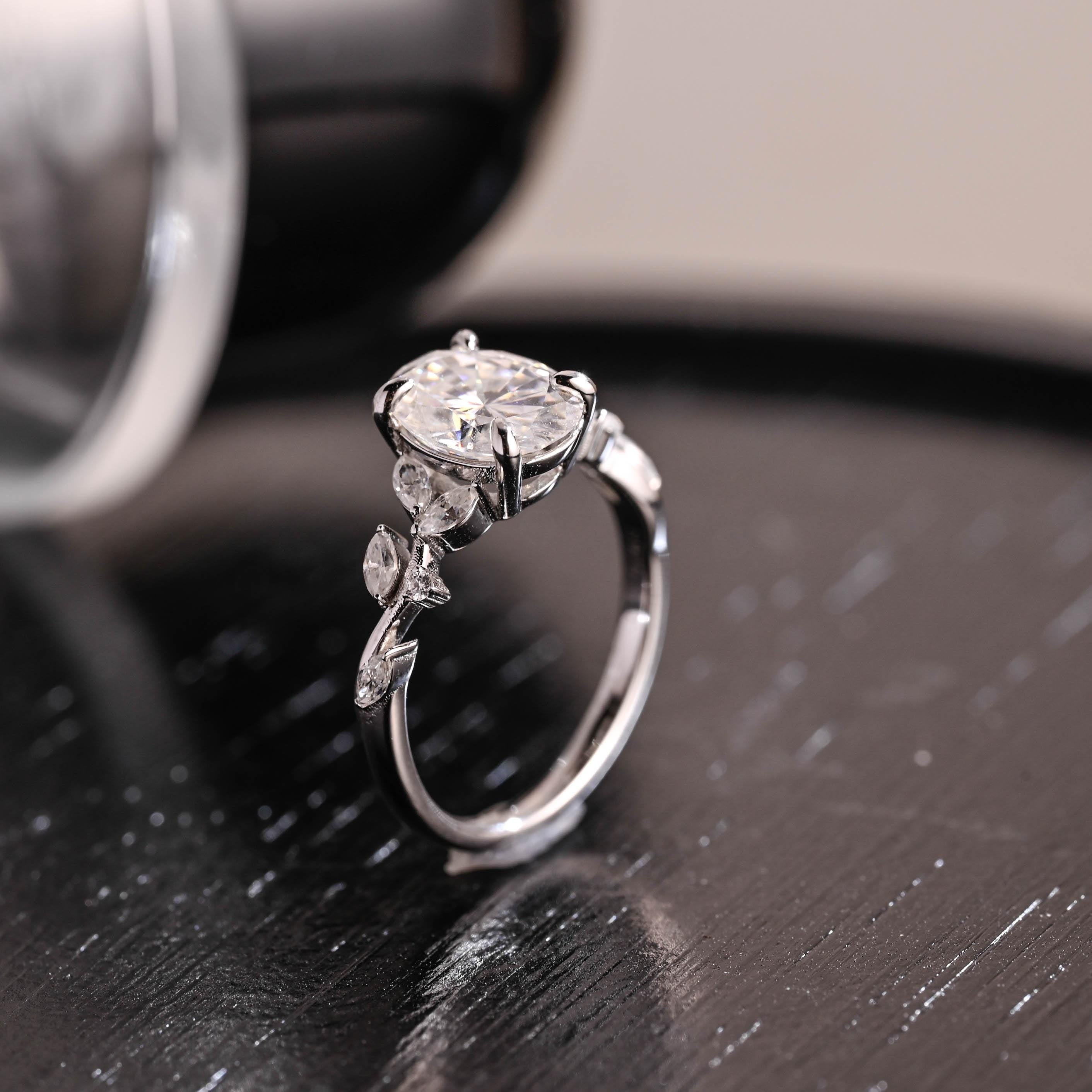 Solid Gold Low Setting Oval Cut Moissanite Engagement Ring, Side Cluster Wedding Ring