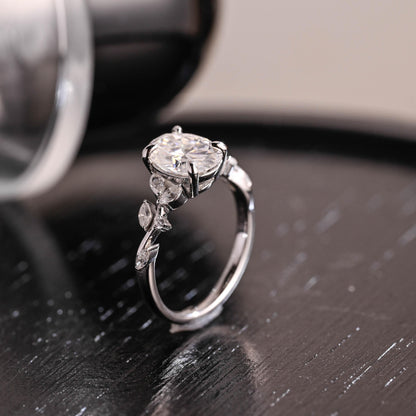Solid Gold Low Setting Oval Cut Moissanite Engagement Ring, Side Cluster Wedding Ring