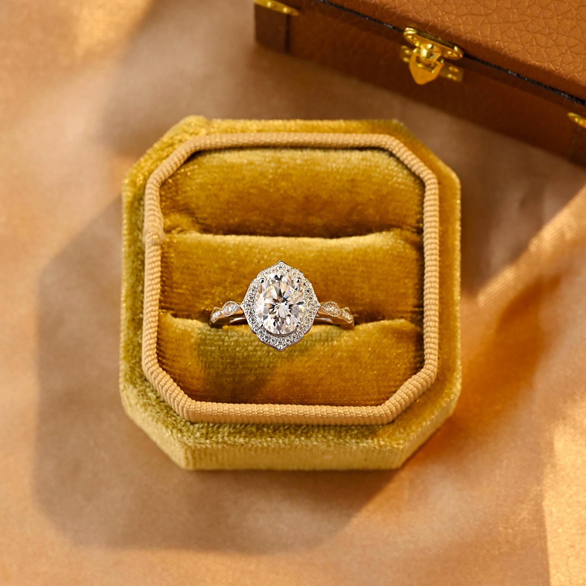 Solid Gold Milgrain Oval Cut Moissanite Engagement Ring, Halo Vintage Style Wedding Ring