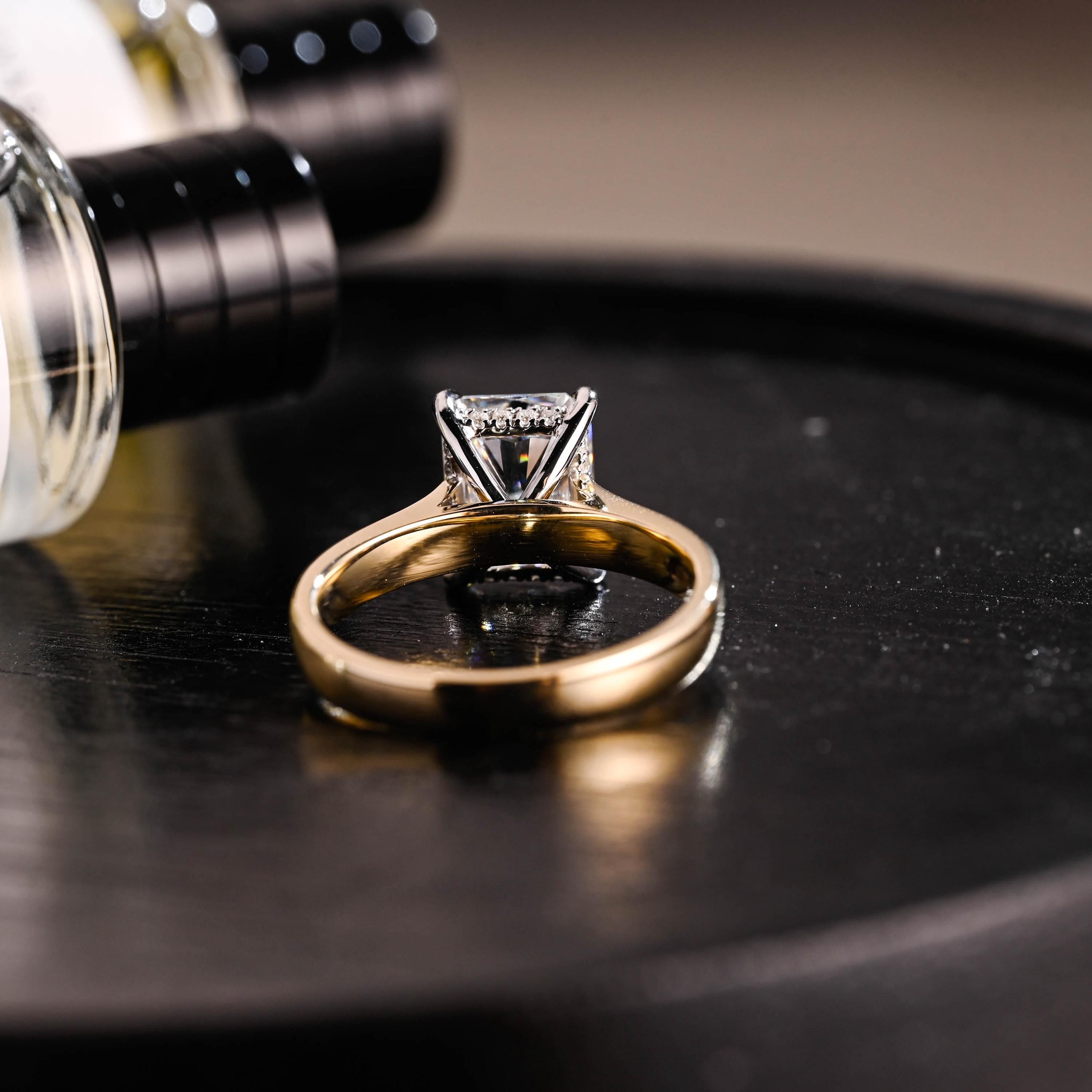 Solid Gold Cathedral Setting Two Tone Hidden Halo Radiant Cut Moissanite Engagement Ring