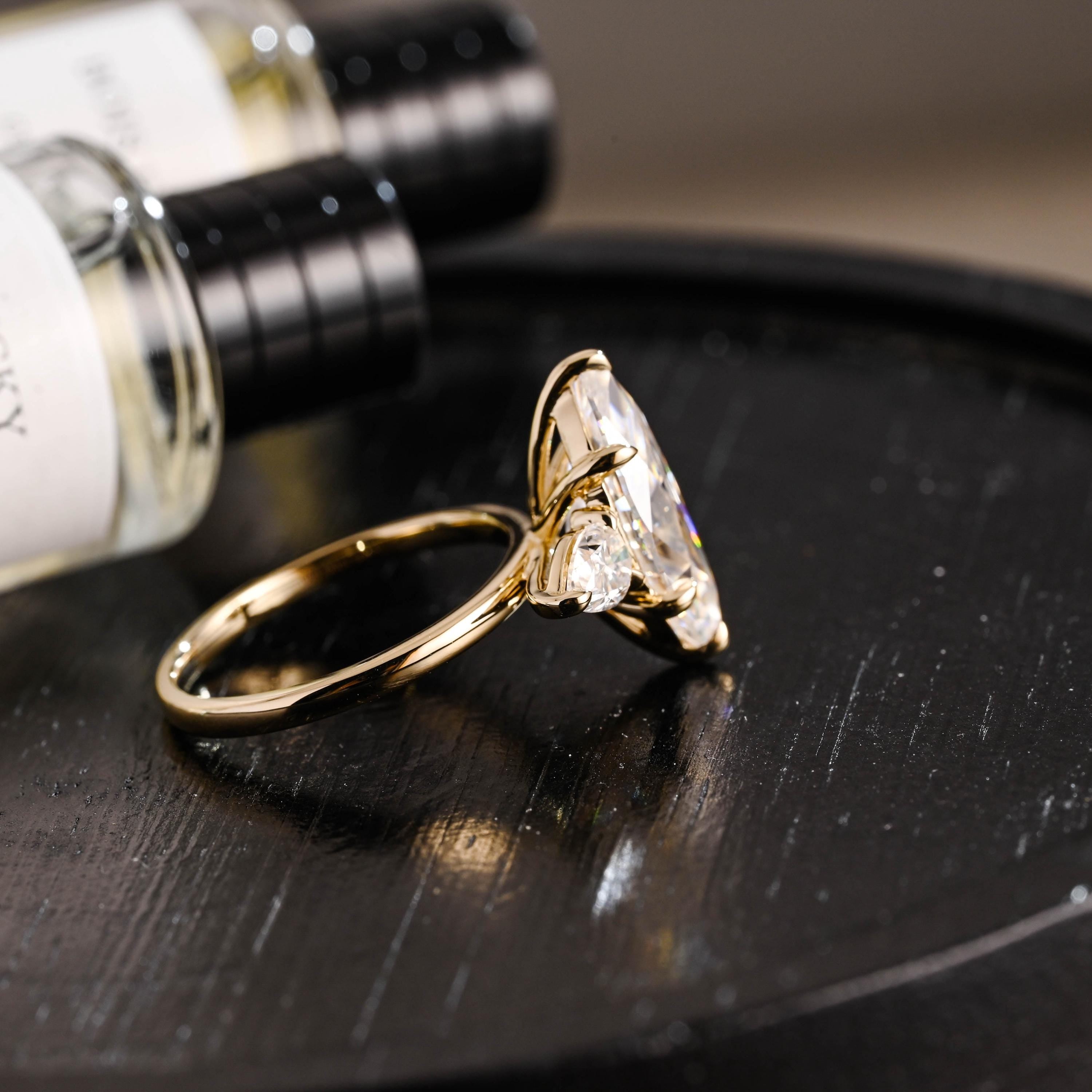 Solid Gold Marquise Moissanite Three Stone Engagement Ring, Pear Cut Accent Promise Ring