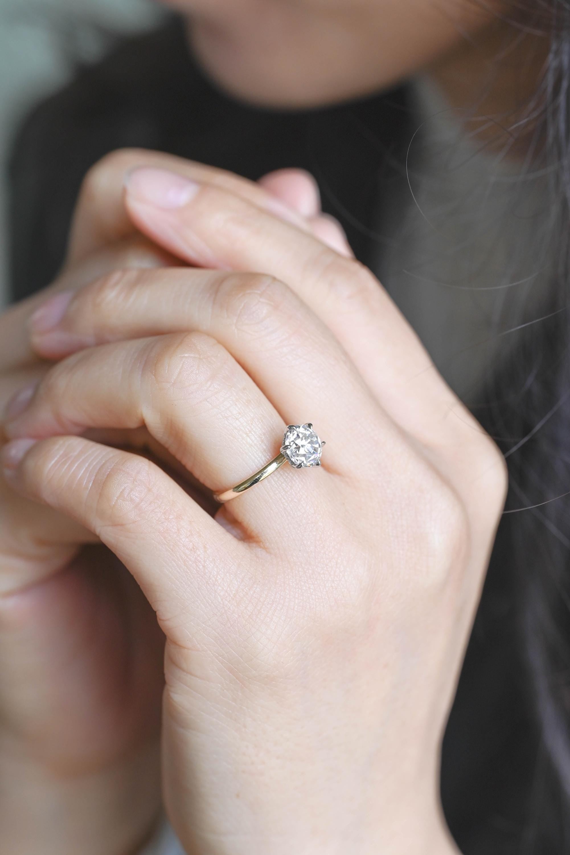 Two-Tone Solid Gold Round Cut Moissanite Engagement Ring, Hidden Halo Promise Ring, Anniversary Gift for Women Wife