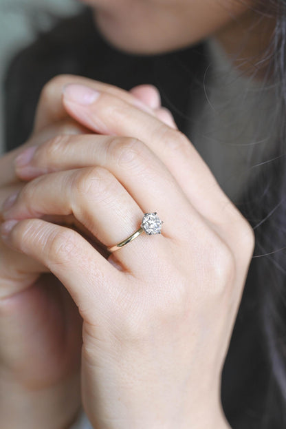 Two-Tone Solid Gold Round Cut Moissanite Engagement Ring, Hidden Halo Promise Ring, Anniversary Gift for Women Wife