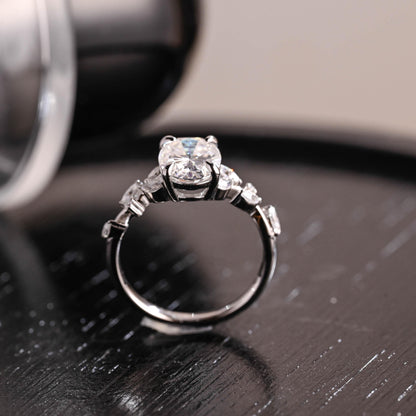 Solid Gold Low Setting Oval Cut Moissanite Engagement Ring, Side Cluster Wedding Ring
