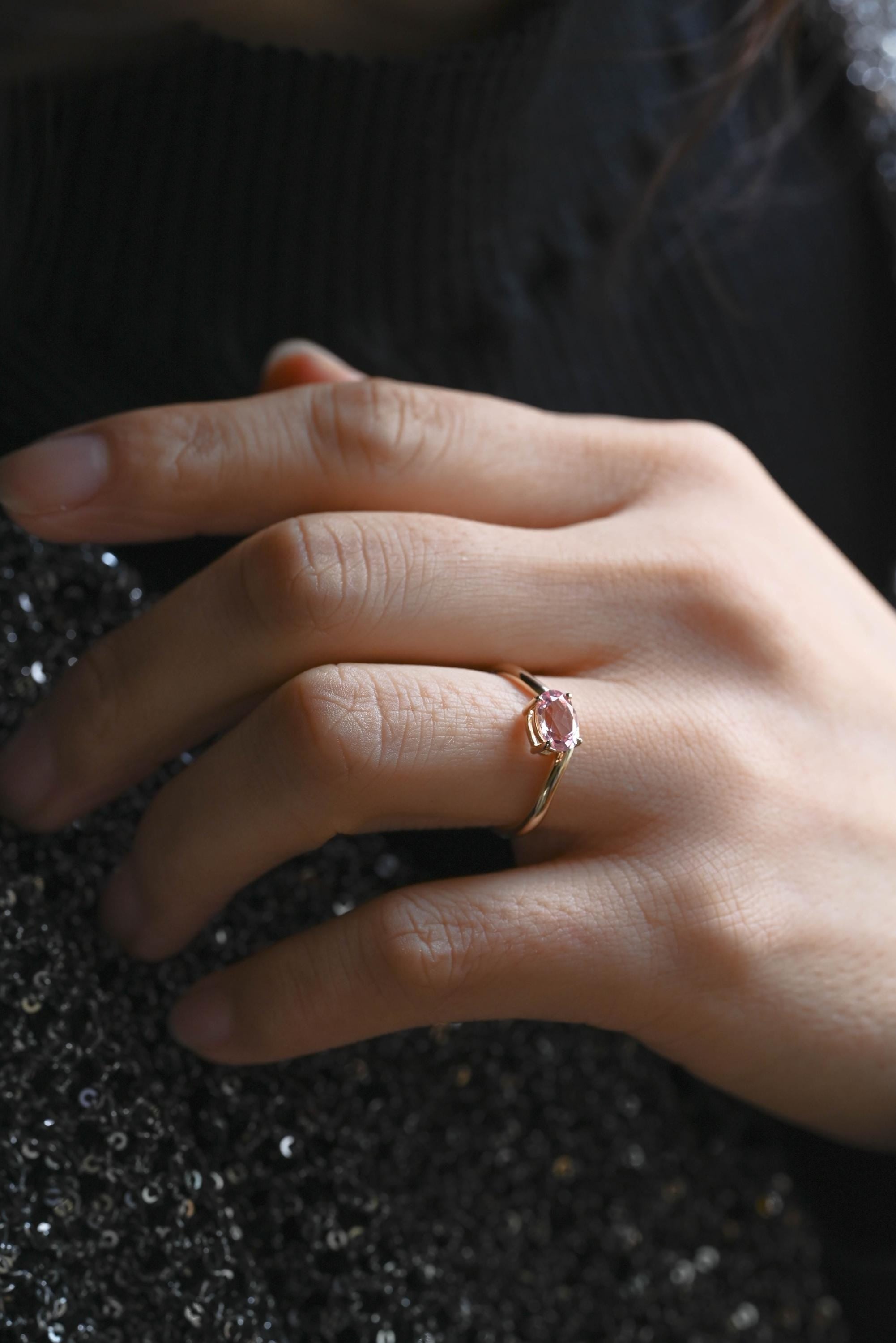 Solid Gold Oval Cut Solitaire Lab Grown Pink Sapphire Engagement Ring, Gift for Women