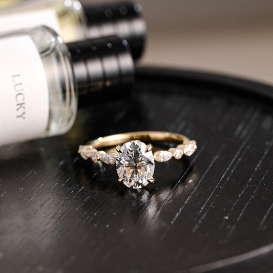 Solid Gold Oval Cut Moissanite Engagement Ring, Anniversary Gift Birthday Gift for Women