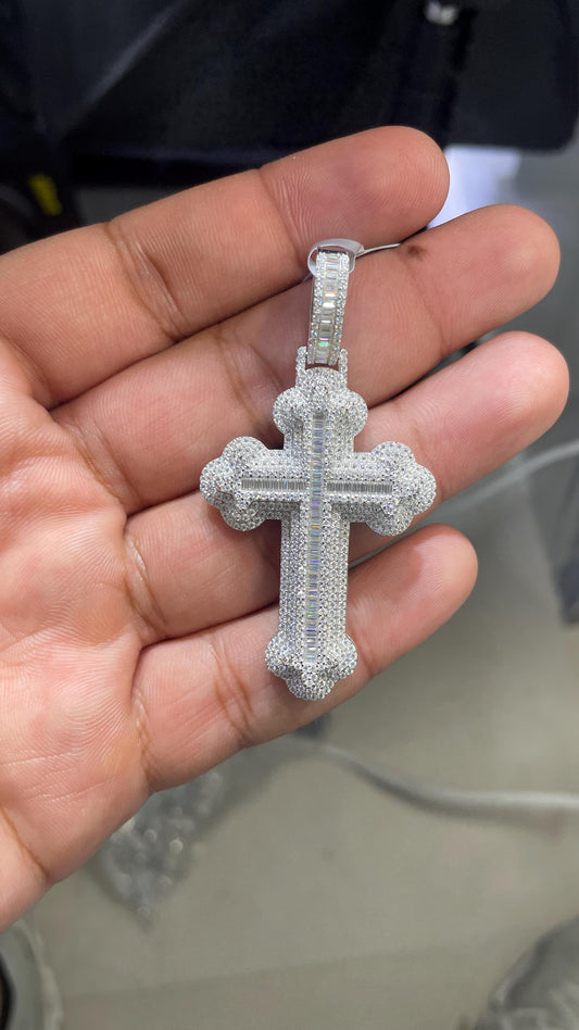 5.80 Carat Sterling Silver Moissanite Cross Pendant , Baguette Moissanite Cross Pendant