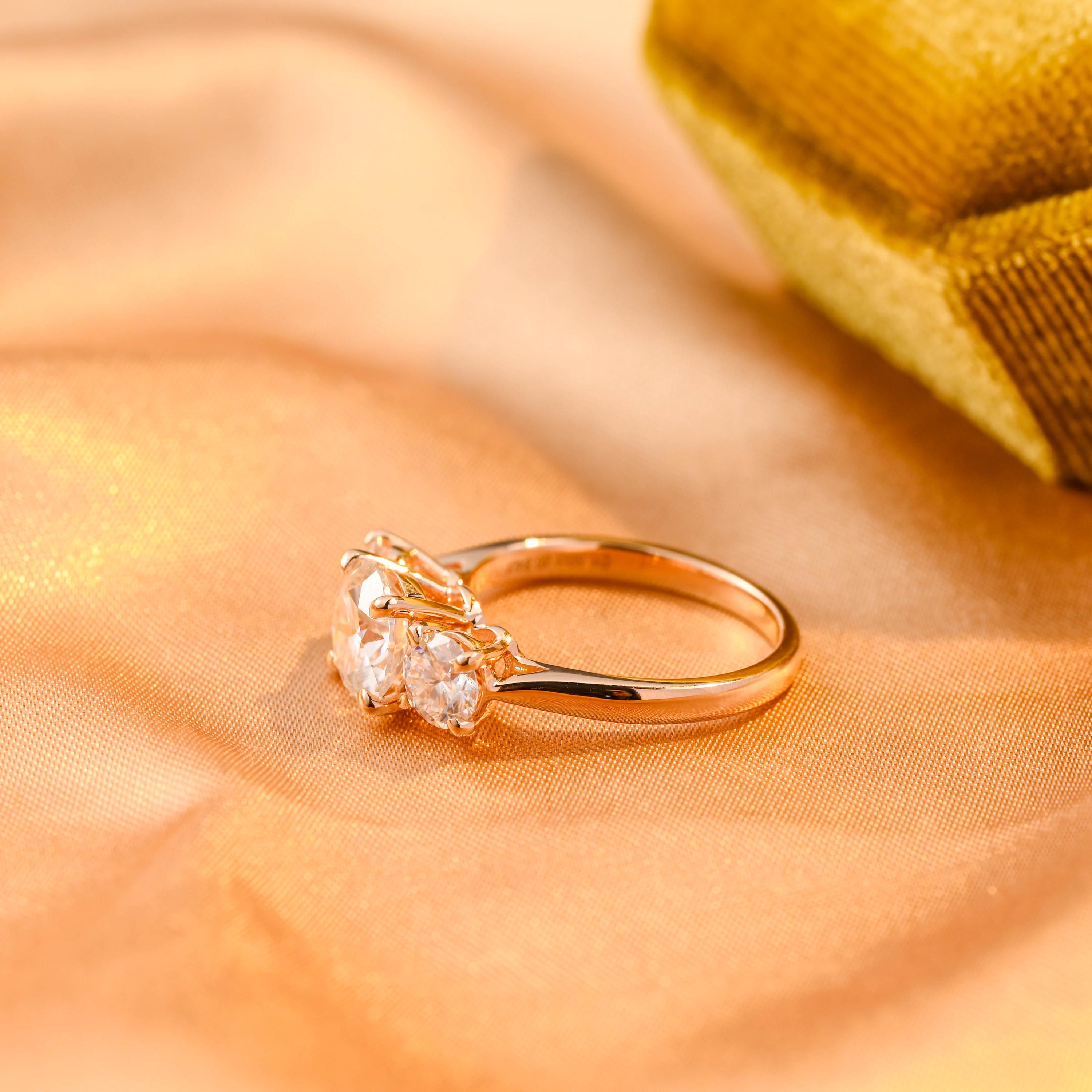Solid Gold Three Stone Cathedral Setting Round Cut Moissanite Engagement Ring, Anniversary Ring for Women