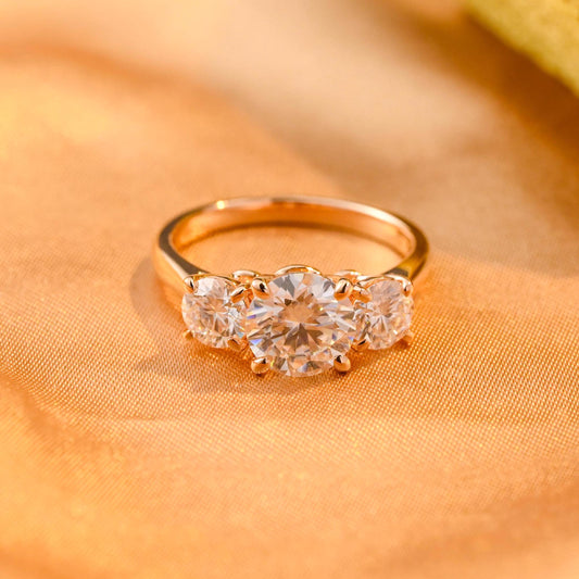 Solid Gold Three Stone Cathedral Setting Round Cut Moissanite Engagement Ring, Anniversary Ring for Women