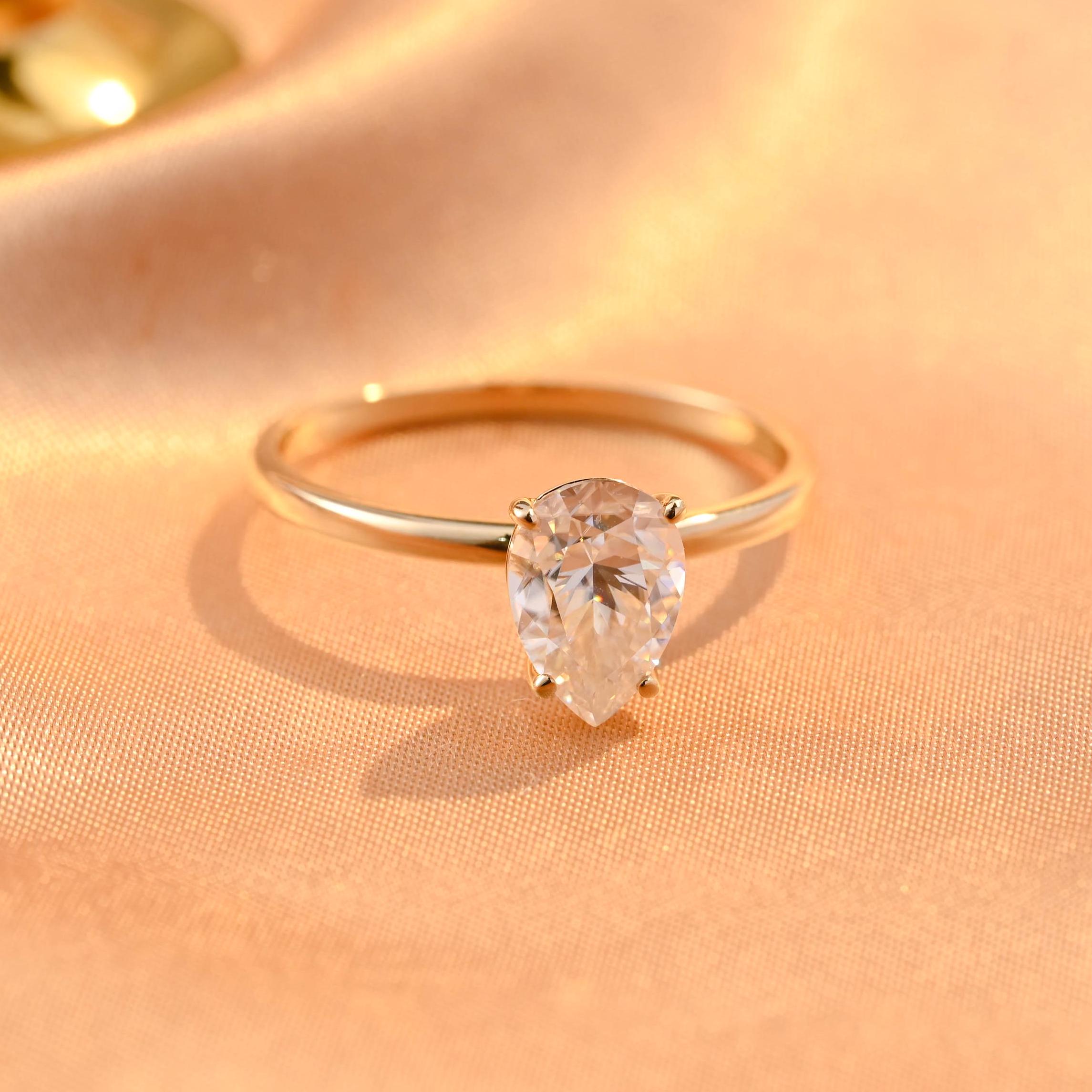 Solid Gold Pear Cut Moissanite Engagement Ring, Solitaire Tear Drop Moissanite Wedding Ring