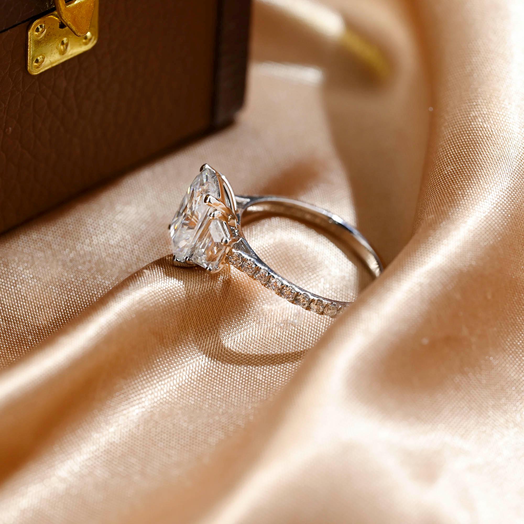 Solid Gold Three Stone Radiant Cut Moissanite Engagement Ring, Half Pave Ring for Her
