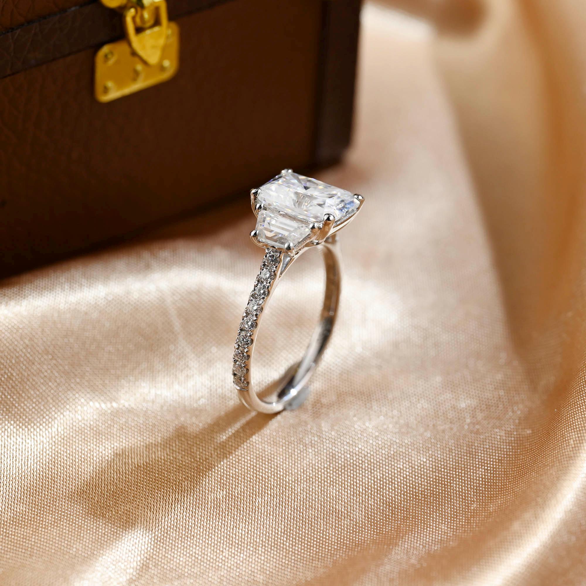 Solid Gold Three Stone Radiant Cut Moissanite Engagement Ring, Half Pave Ring for Her