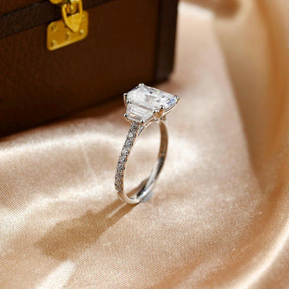 Solid Gold Three Stone Radiant Cut Moissanite Engagement Ring, Half Pave Ring for Her