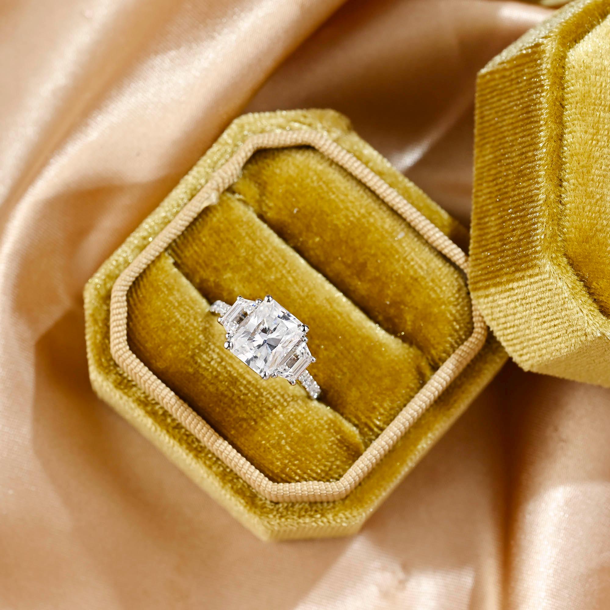 Solid Gold Three Stone Radiant Cut Moissanite Engagement Ring, Half Pave Ring for Her