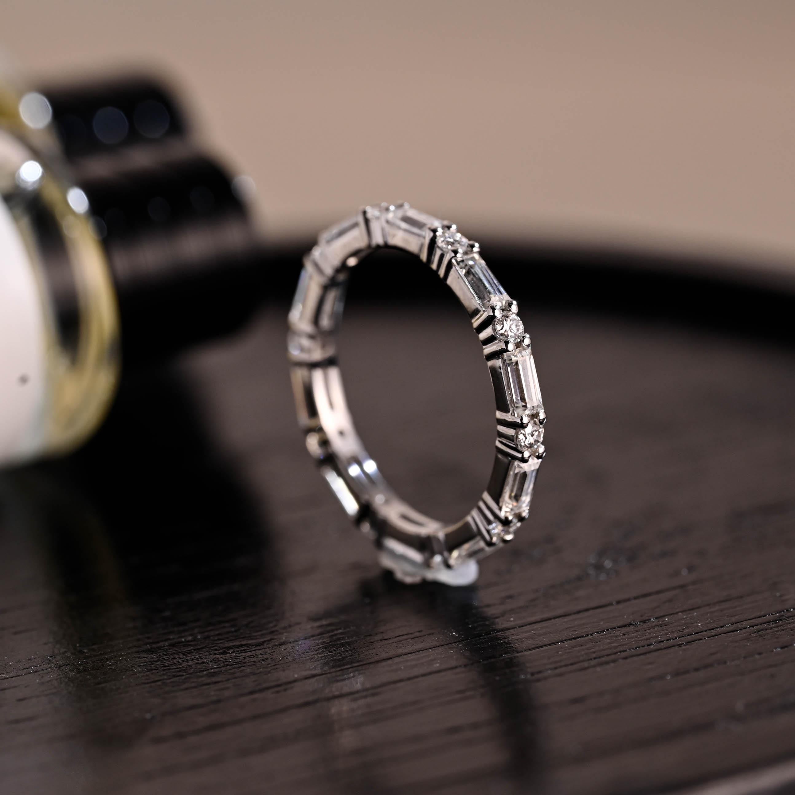 Solid Gold 2x4mm Baguette Moissanite Eternity Band, Stackable Wedding Ring