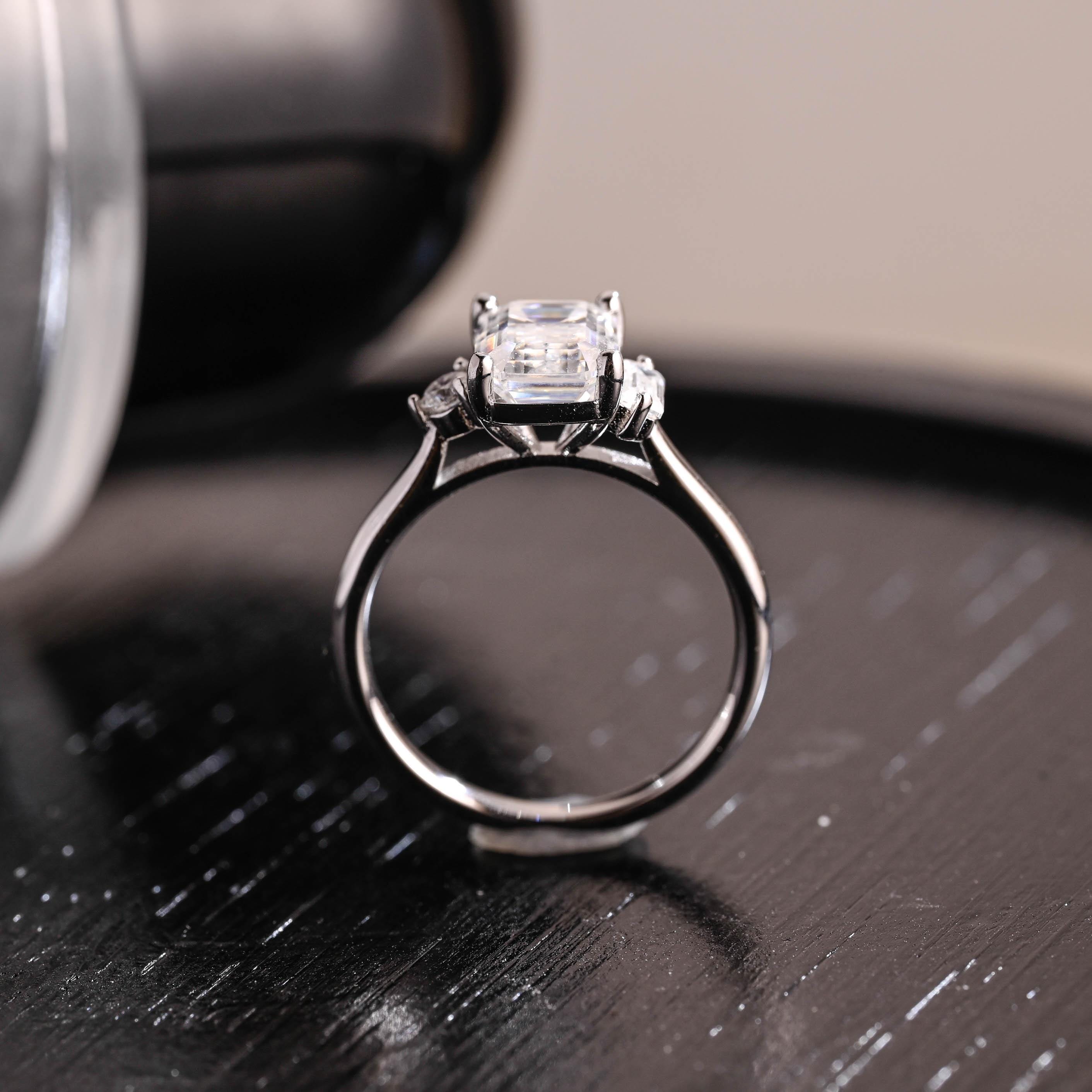 Three Stone Emerald Cut Moissanite Engagement Ring, Unique Emerald Cut Moissanite Wedding Ring, Anniversary Ring, Cathedral Setting Ring