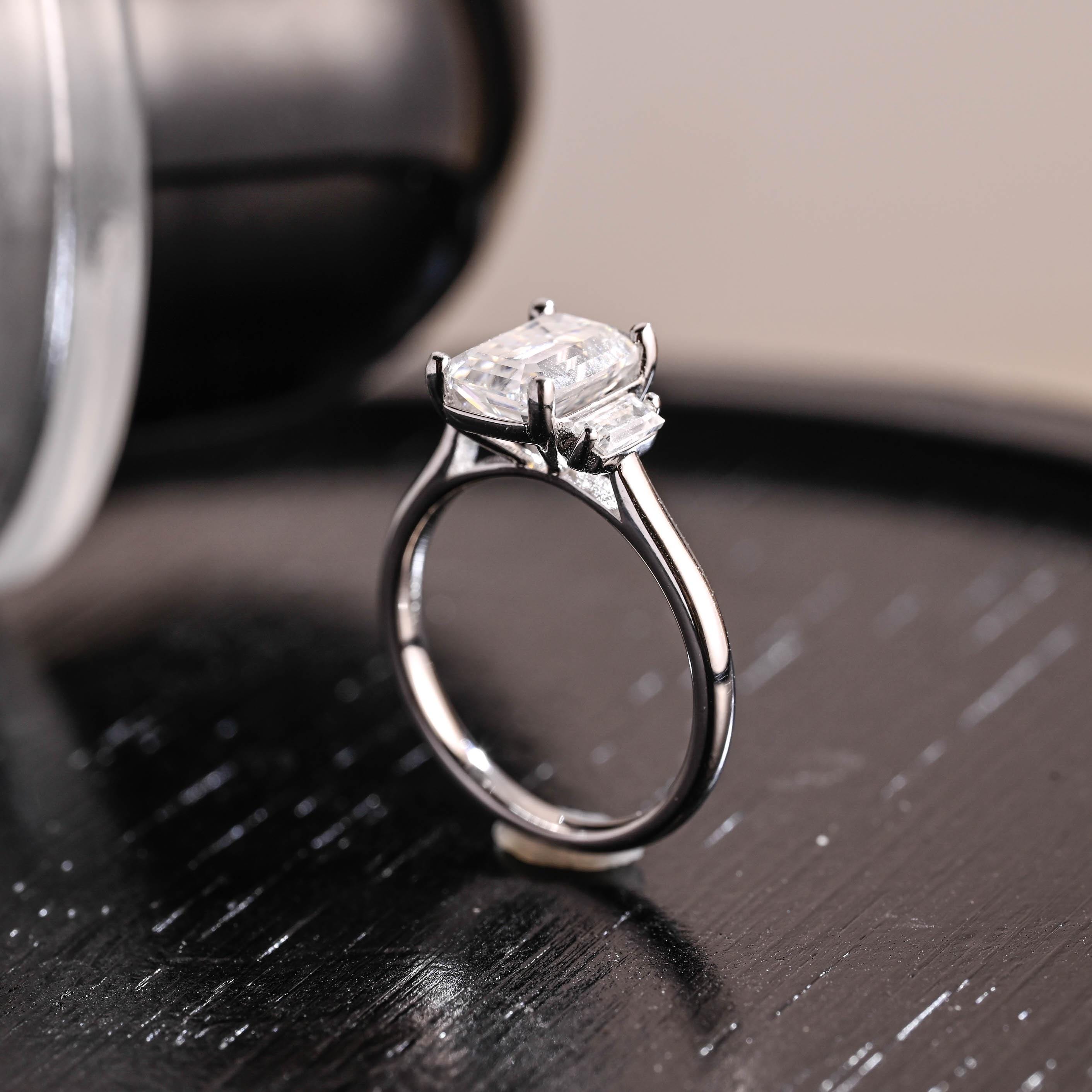 Three Stone Emerald Cut Moissanite Engagement Ring, Unique Emerald Cut Moissanite Wedding Ring, Anniversary Ring, Cathedral Setting Ring