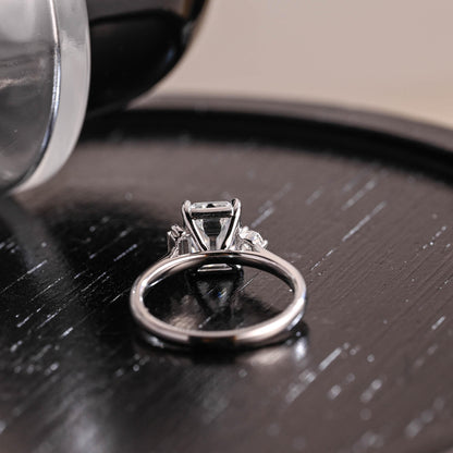 Three Stone Emerald Cut Moissanite Engagement Ring, Unique Emerald Cut Moissanite Wedding Ring, Anniversary Ring, Cathedral Setting Ring
